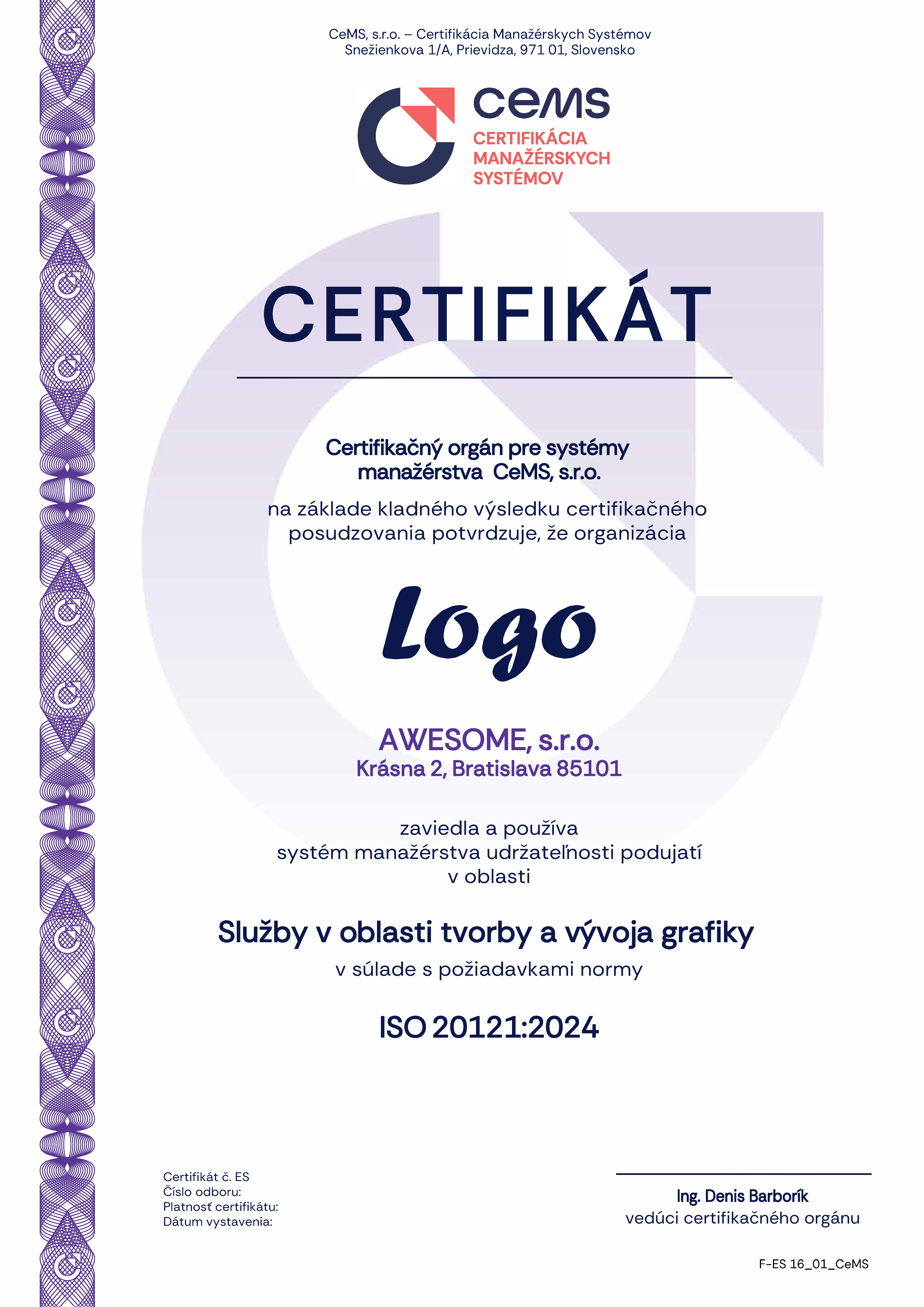 vzor certifikátu ISO 20121 od CeMS